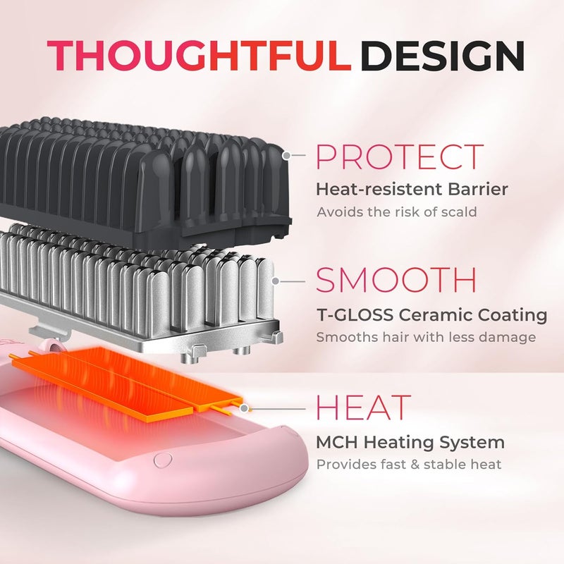 TYMO Ionic Hair Straightener Brush - Straightening Comb with 10M Negative Ions, 25s Heat-up, 16 Temps, Dual Voltage, LED Display | Ceramic Hot Comb Hair Brush Straightener for Women, Pink - Image 3