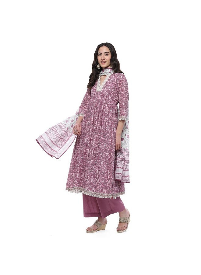 Biba - BIBA Women PRINTED ANARKALI SALWAR KURTA DUPATTA(SKDSANGANER9556_PINK_38) - Image 1