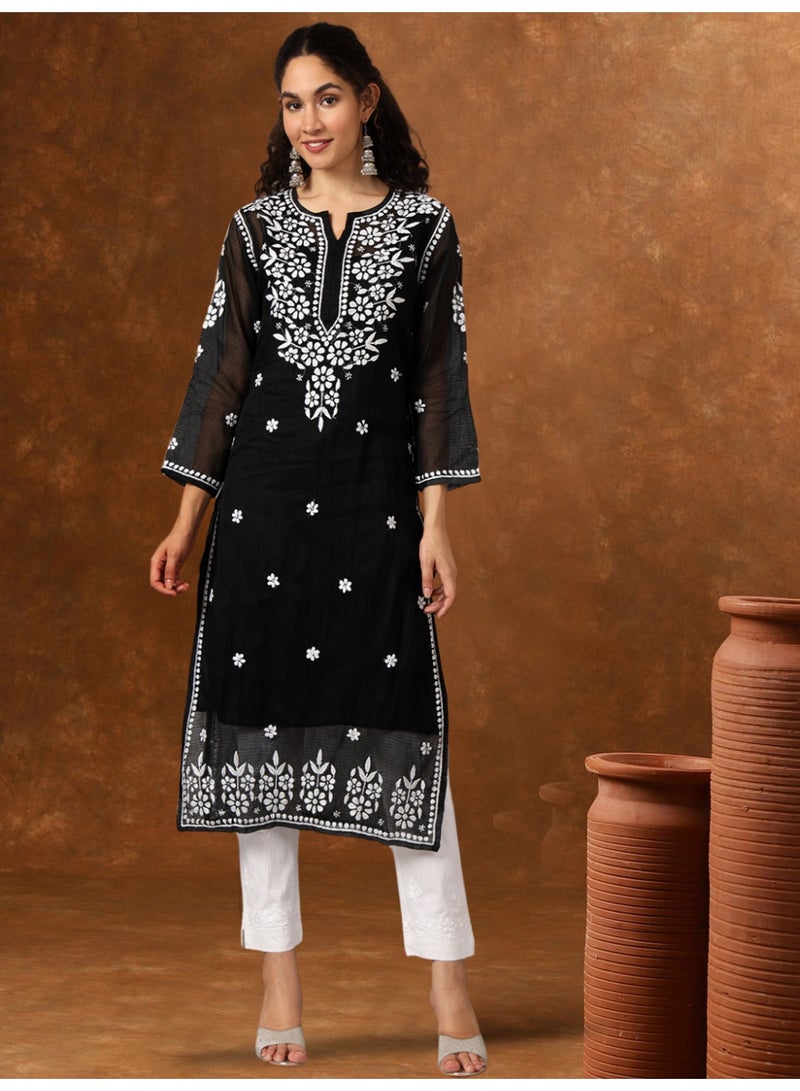Alaya Hand Embroidered Chikankari Kota Straight Kurta With Slip-AL3540 - Image 1