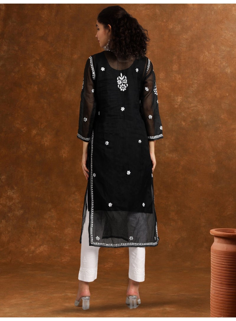 Alaya Hand Embroidered Chikankari Kota Straight Kurta With Slip-AL3540 - Image 2