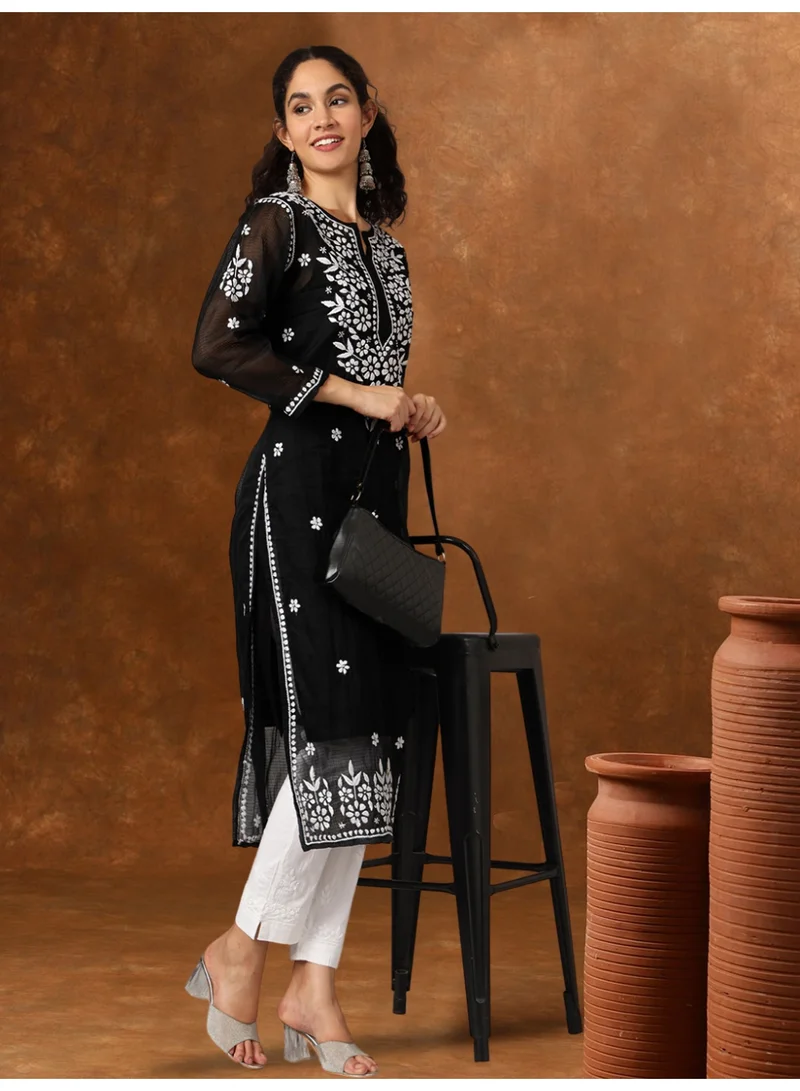 Alaya Black Hand Embroidered Chikankari Kota Straight Kurta With Slip-AL3540 for Women | Best Price UAE