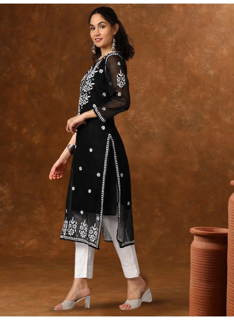 Alaya Black Hand Embroidered Chikankari Kota Straight Kurta With Slip-AL3540 for Women | Best Price UAE