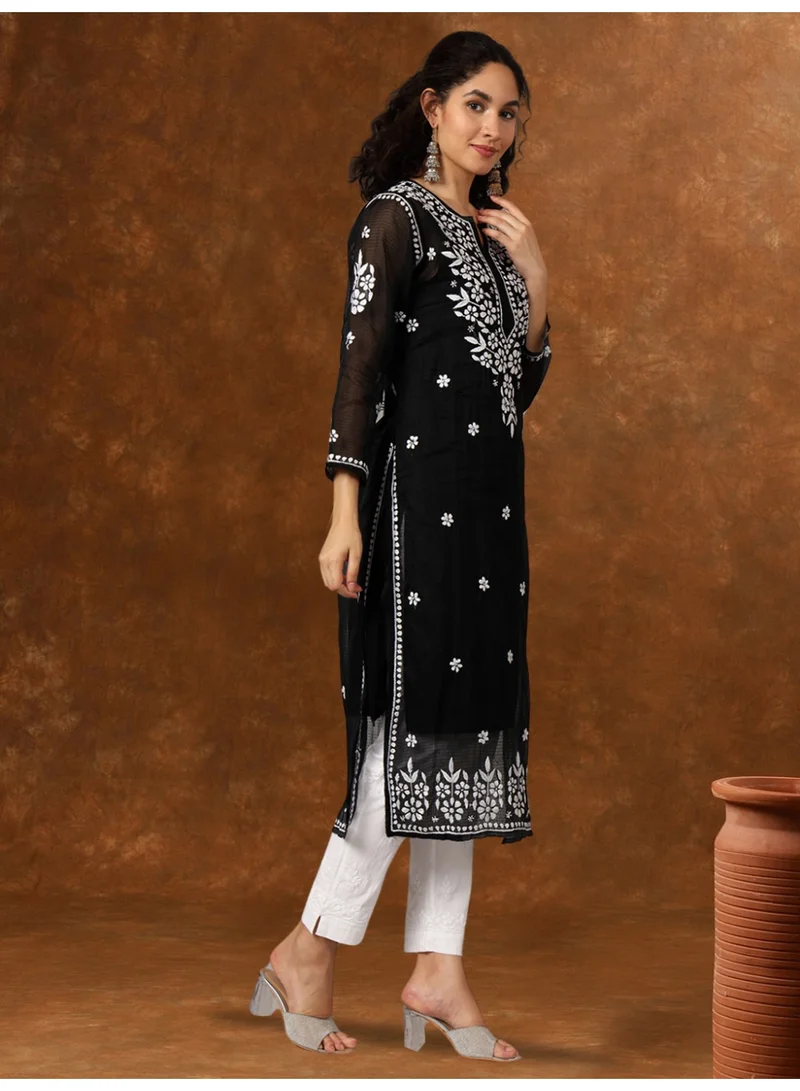 Alaya Black Hand Embroidered Chikankari Kota Straight Kurta With Slip-AL3540 for Women | Best Price UAE