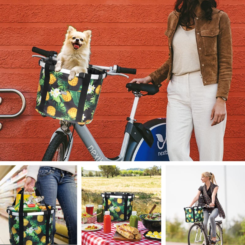 RAYMACE Bicycle Basket Dog Bike Handlebar Basket Front,Folding Detachable Quick Release Easy Install,Cycling Picnic Bag (Ananas) - Image 3