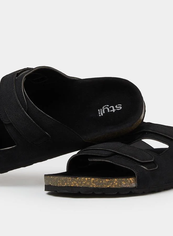 Styli  Black Double Strap Suede Look Casual Sandals for Men | Best Price UAE