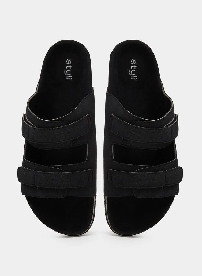 Styli  Black Double Strap Suede Look Casual Sandals for Men | Best Price UAE