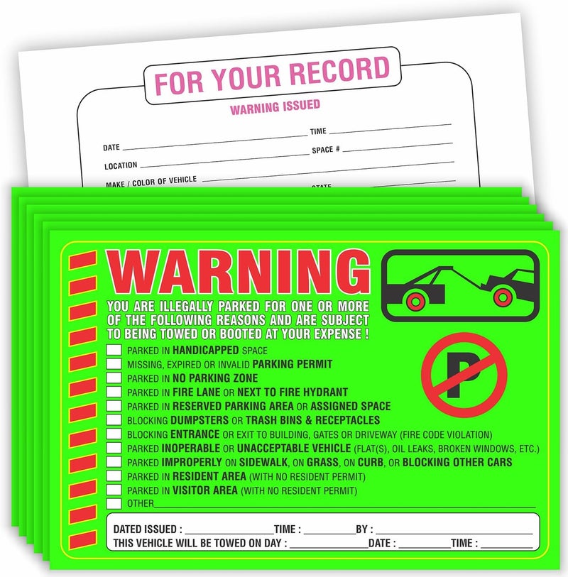 PARTH IMPEX Parking Violation Stickers Notice (Pack of 50) Tow Warning You are Illegally Parked Multi Reasons - Large Size 6" X 9" – Green - Image 1