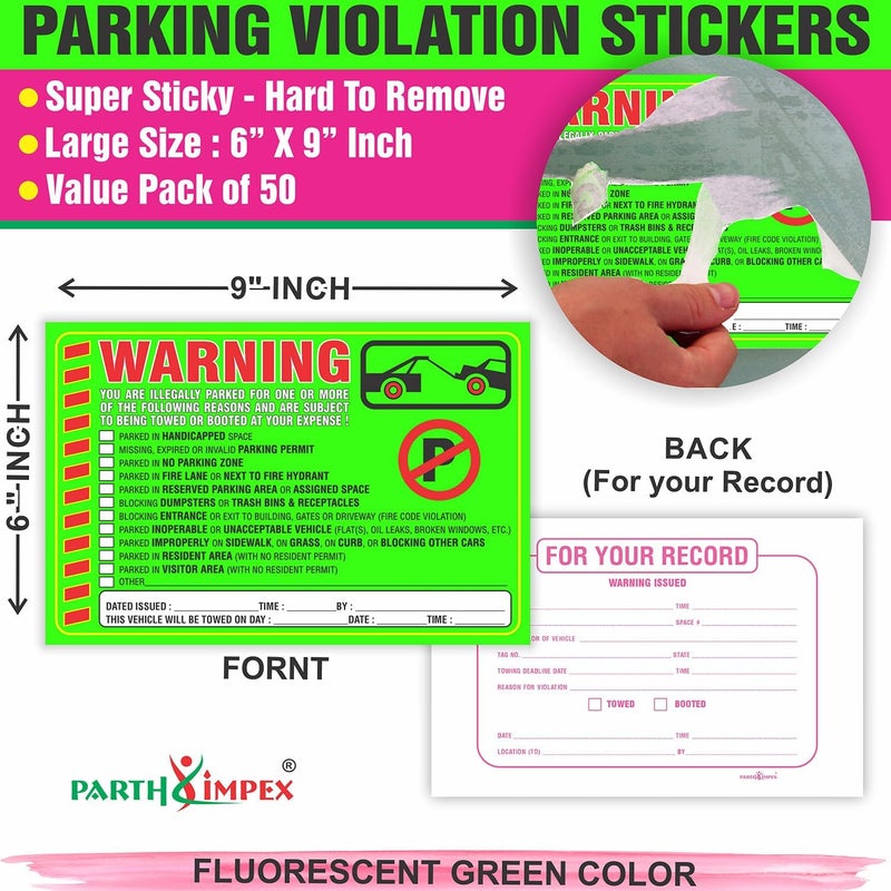 PARTH IMPEX Parking Violation Stickers Notice (Pack of 50) Tow Warning You are Illegally Parked Multi Reasons - Large Size 6" X 9" – Green - Image 2