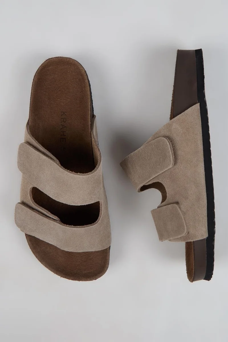 Krahe Krahe Robert Men's Genuine Leather Double Strap Velcro Mink Slippers
