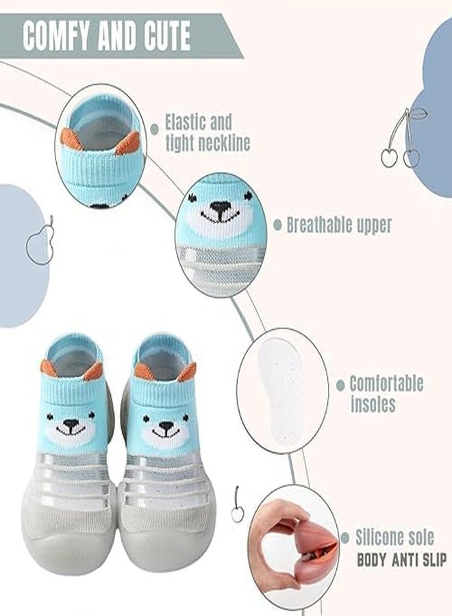 ARUP حذاء المشي الأول للأطفال الصغار، بنعل مطاطي ناعم برسومات كرتونية، مانع للانزلاق، مناسب للأرضيات الداخلية، للأولاد والبنات | قبضة سيليكون غير سامة | جوارب حريرية لطيفة بتصميم دب لطيف من قماش لطيف على البشرة (مقاسات الأحذية البريطانية، للأطفال الصغار، الفئة العمرية: متوسط، 3.5 سنوات، 4 سنوات) - Image 3