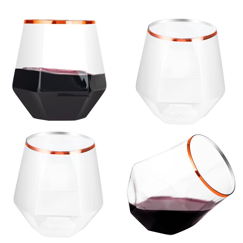 LUODA 32 Pack Rose Gold Diamond Wine Glasses 12 Oz Stemless Rose Gold Rim Wine Glass Disposable Clear Plastic Whiskey Glasses For Serving White Wine Red Wine Cocktail Whiskey
