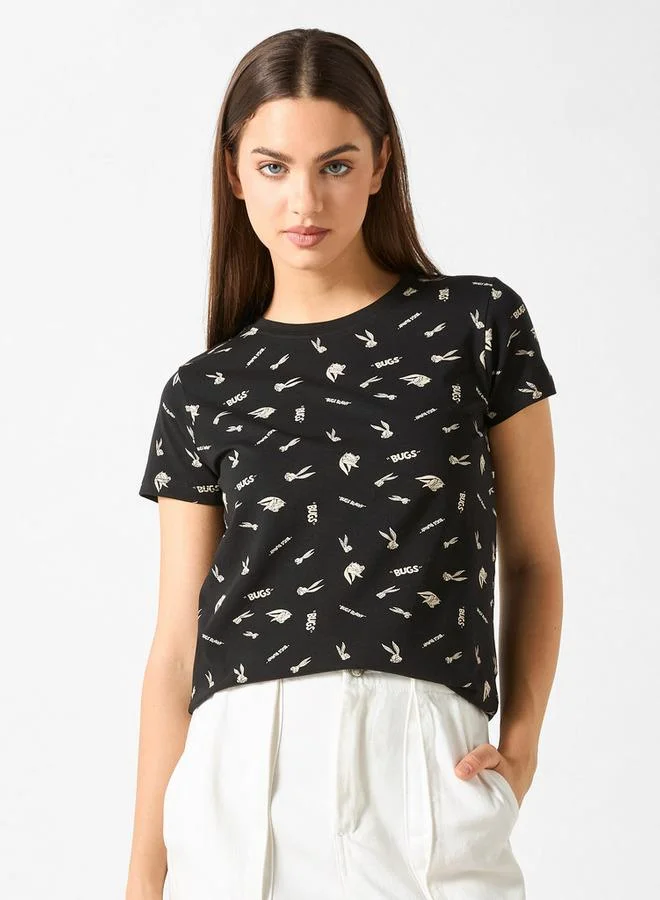 All-Over Bugs Bunny Print Crew Neck T-shirt with Short Sleeves