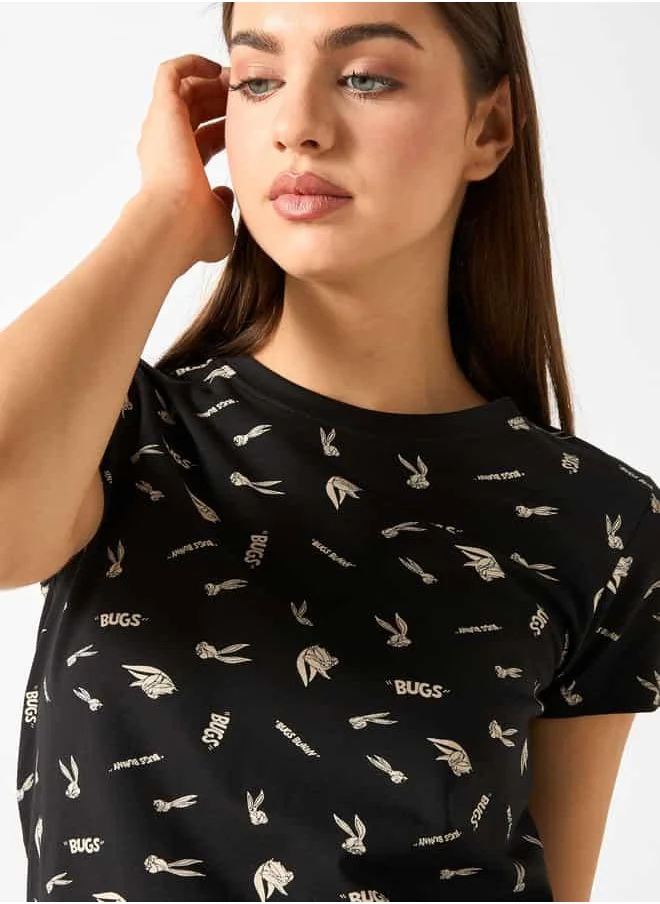 SP Characters All-Over Bugs Bunny Print Crew Neck T-shirt with Short Sleeves