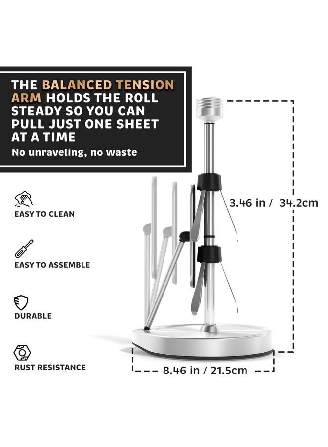 Dear Household Stainless Steel Tension Arm Paper Towel Holder - Easy One-Handed Operation - This Sturdy Weighted Paper Towel Dispenser Countertop Model Has Suction Cups and Holds All Paper Towel Rolls (Silver) - Image 3