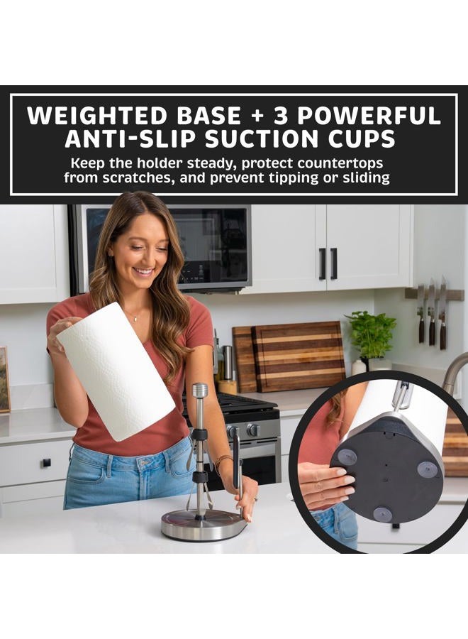 Dear Household Stainless Steel Tension Arm Paper Towel Holder - Easy One-Handed Operation - This Sturdy Weighted Paper Towel Dispenser Countertop Model Has Suction Cups and Holds All Paper Towel Rolls (Silver) - Image 2