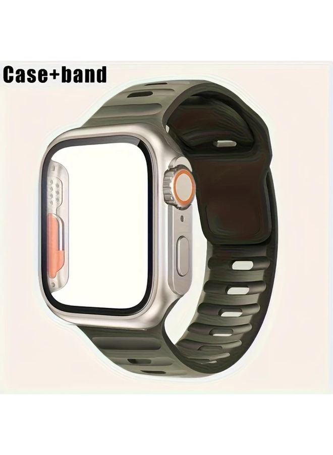 Dark Green Silicone Strap For iWatch Series 9 8 7 SE 41mm With Tempered Glass Cover - Image 1