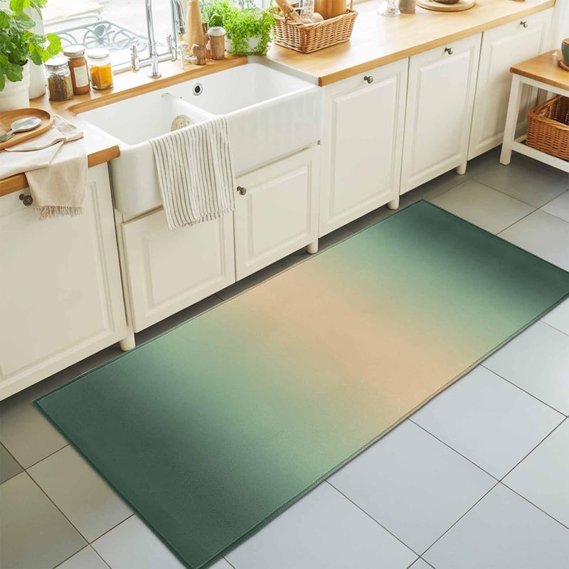 Hallway Runner Rug 2'x6', Ombre Sea Green Khaki Washable Bathroom Area Rugs for Kitchen Bedroom Laundry, Solid Color Modern Minimalist Non Slip Door Mat Indoor Entrance Floor Throw Bedsides Carpet - Image 1