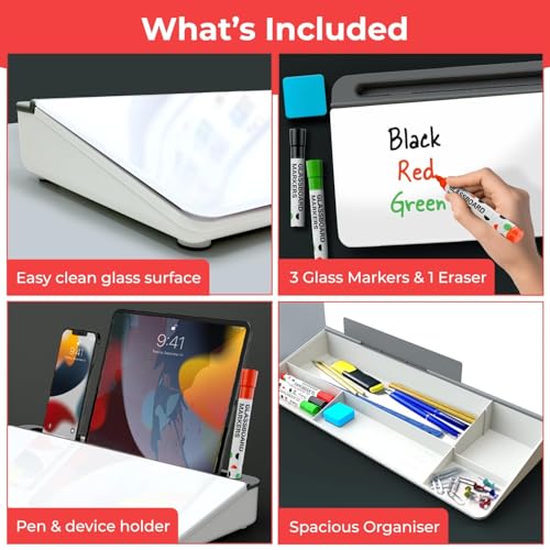 Chalkola Glass Desktop Whiteboard with Storage - Dry Erase Board, Work Desk Organizers, Computer Keyboard Stand, Home Office Desk Accessories, Small White Board, Workspace Desktop Buddy + 3 Markers - Image 3