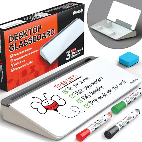 Chalkola Glass Desktop Whiteboard with Storage - Dry Erase Board, Work Desk Organizers, Computer Keyboard Stand, Home Office Desk Accessories, Small White Board, Workspace Desktop Buddy + 3 Markers - Image 1