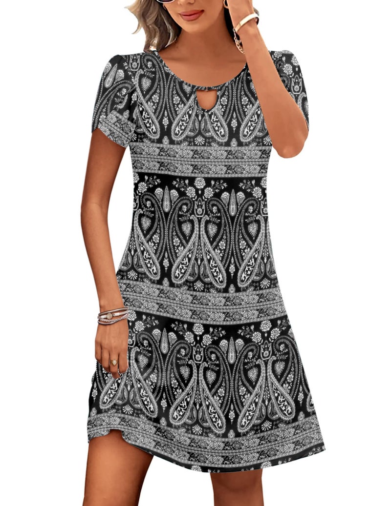 HOTOUCH Women's Summer Swing Dress Black Floral Tshirt Dress with Pockets Women Party Mini Dress for Women 2026 Short Sleeve Beach Dresses Large - Image 1