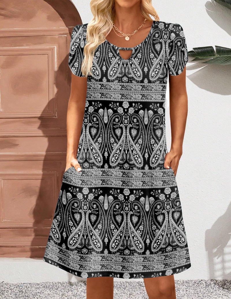 HOTOUCH Women's Summer Swing Dress Black Floral Tshirt Dress with Pockets Women Party Mini Dress for Women 2026 Short Sleeve Beach Dresses Large - Image 4