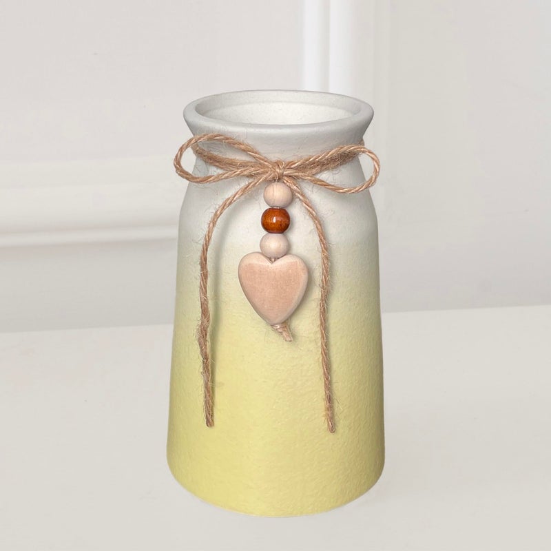 QIMOND 6-Inch Ceramic Flower Vase with Jute Rope & Heart Charm | Perfect for Boho, Farmhouse & Modern Home DÃ©cor, Yellow - Image 1