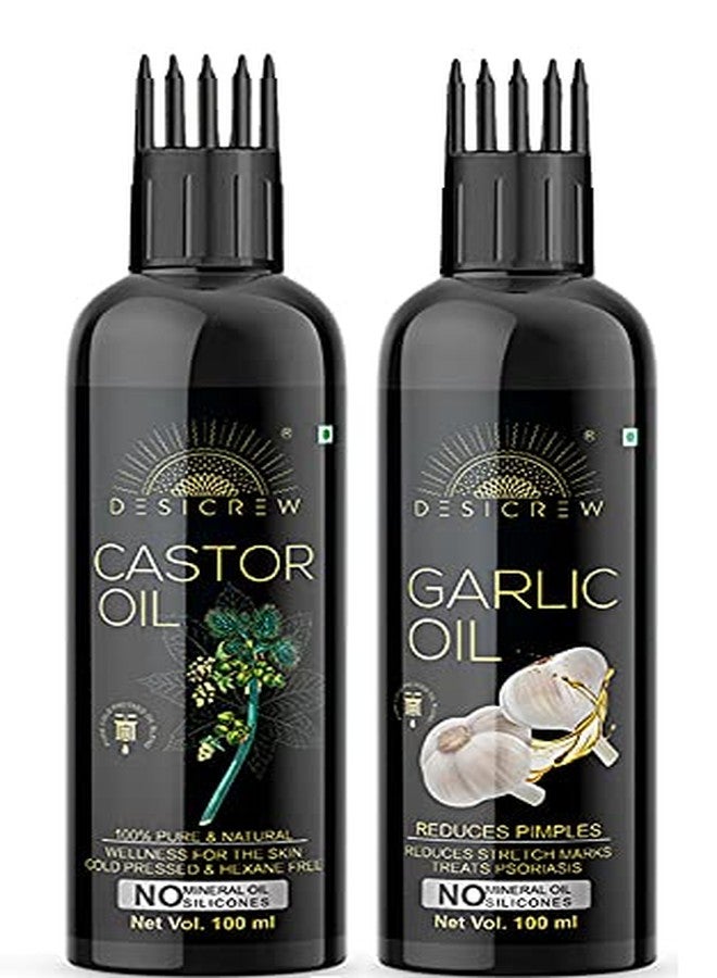Desicrew Cold-Pressed Castor Oil & Garlic Hair Oil in Combo - Moisturizing & Healing, For Skin, Hair Care, Eyelashes (100 ml + 100 ml) With Applicator