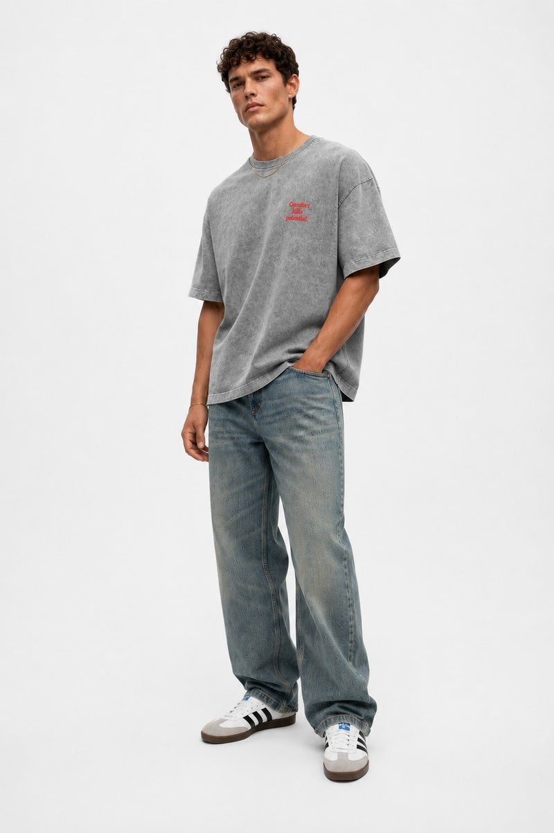 RESPIRE Men's Puffy Print Washed Oversize T-Shirt Grey - Image 4
