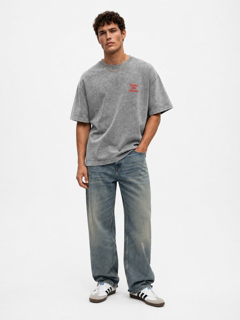 RESPIRE Men's Puffy Print Washed Oversize T-Shirt Grey - Image 3