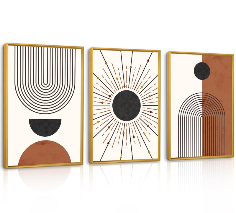Ausril Minimalist Boho Framed Canvas Wall Art Set, Neutral Geometric Line Sun Wall Decor, Mid Century Wall Painting, Abstract Modern Bohemian Art Print for Living Room, Bedroom, Office -16"x24"x3 - Image 1