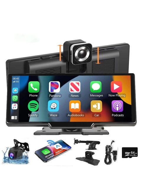 Wireless Apple CarPlay Android Auto Car Stereo, Portable 10.26 Inch Car Touch Screen, 2.5K Dash Cam 1080p Backup Camera DVR, Drive  Navigation with Mirror Link/Siri/FM/Bluetooth