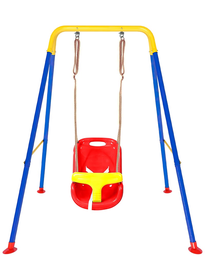 Funz Toddler Swing Set with Frame Indoor & Outdoor Baby Swing with Foldable Metal Stand Kids Swing Set for Backyard, Easy to Assemble & Store, Red - Image 1