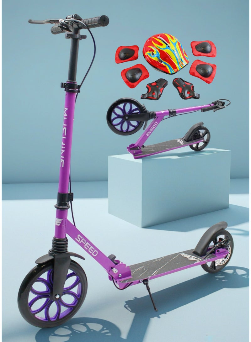 إيزي فيتشور سكوتر إيزي فيوتشر للأطفال من سن 7 إلى 14 عامًا، سكوتر ركل قابل للطي بعجلة كبيرة ومقود قابل للتعديل وفرامل خلفية، بما في ذلك مجموعة معدات الحماية الكاملة - Image 1