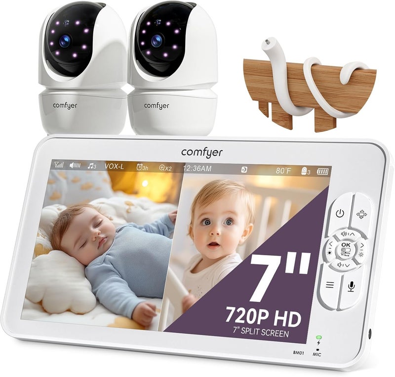 Comfyer 7 SplitScreen Baby Monitor with 2 1080P Cameras 720P HD No WiFi Monitor with a Flexible Bracket Video Baby Monitor with Camera and Audio 2 Way Audio Remote PTZ Auto Night Vision - Image 1