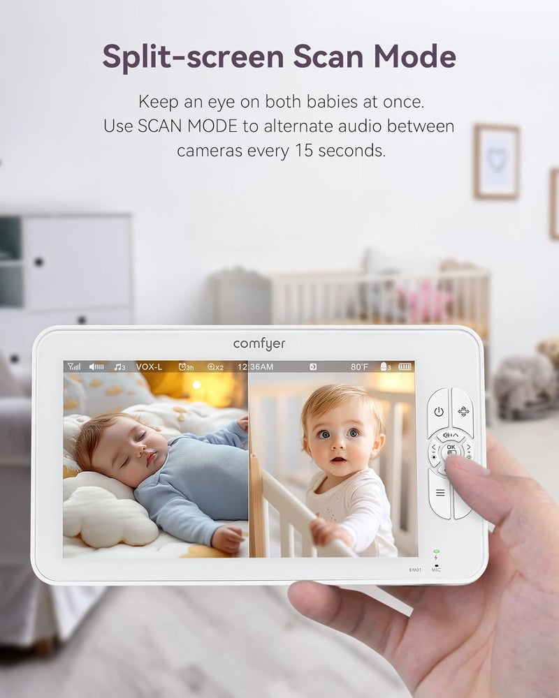 Comfyer 7 SplitScreen Baby Monitor with 2 1080P Cameras 720P HD No WiFi Monitor with a Flexible Bracket Video Baby Monitor with Camera and Audio 2 Way Audio Remote PTZ Auto Night Vision - Image 3