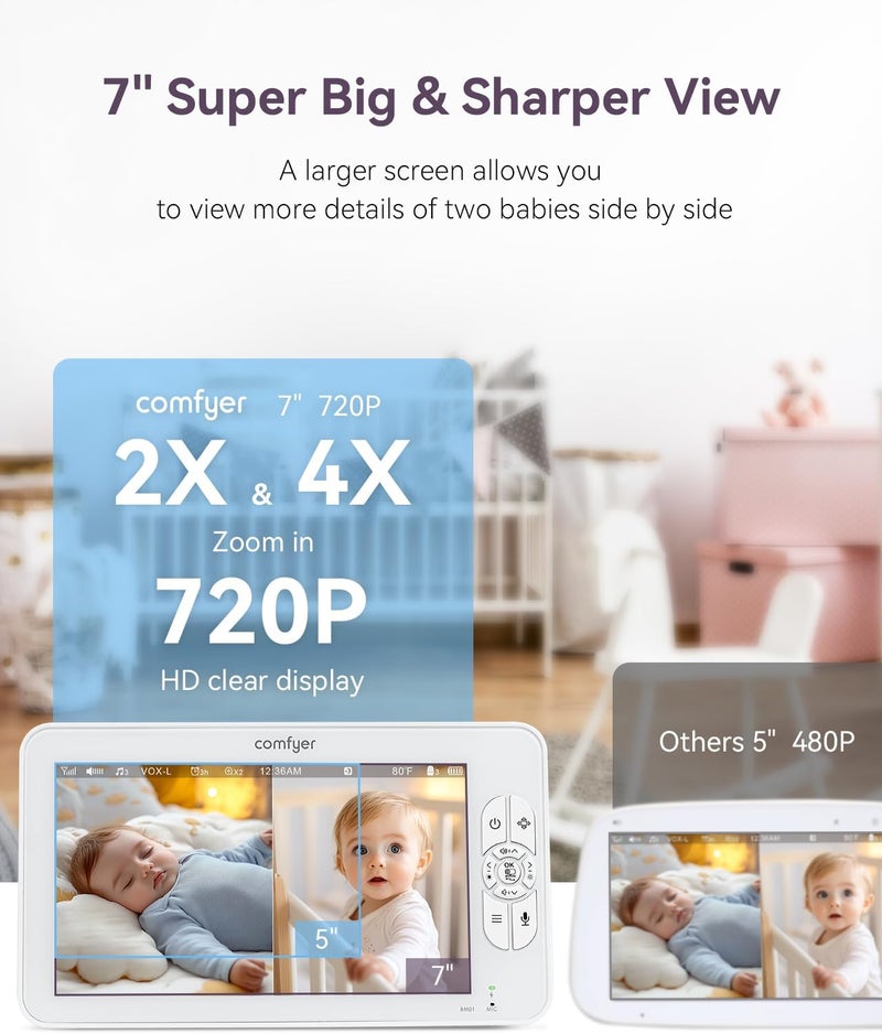 Comfyer 7 SplitScreen Baby Monitor with 2 1080P Cameras 720P HD No WiFi Monitor with a Flexible Bracket Video Baby Monitor with Camera and Audio 2 Way Audio Remote PTZ Auto Night Vision - Image 2