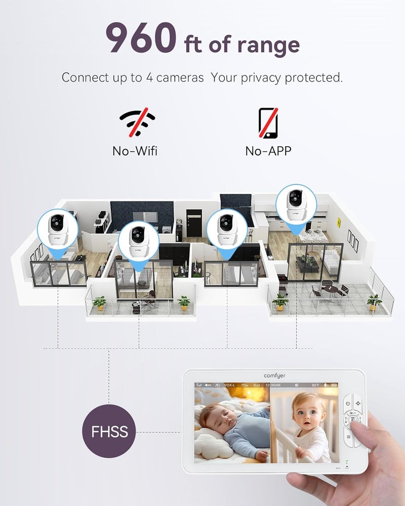 Comfyer 7 SplitScreen Baby Monitor with 2 1080P Cameras 720P HD No WiFi Monitor with a Flexible Bracket Video Baby Monitor with Camera and Audio 2 Way Audio Remote PTZ Auto Night Vision - Image 5