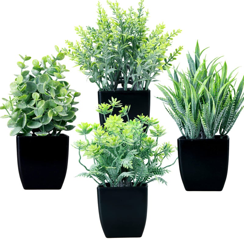 GREENTIME 4 Pack Fake Plants in Black Pot Small Artificial Eucalyptus Potted Plant Wheat Grass Mini Faux Greenery for Home Decor Indoor Office Table Room Farmhouse Bathroom Decorations