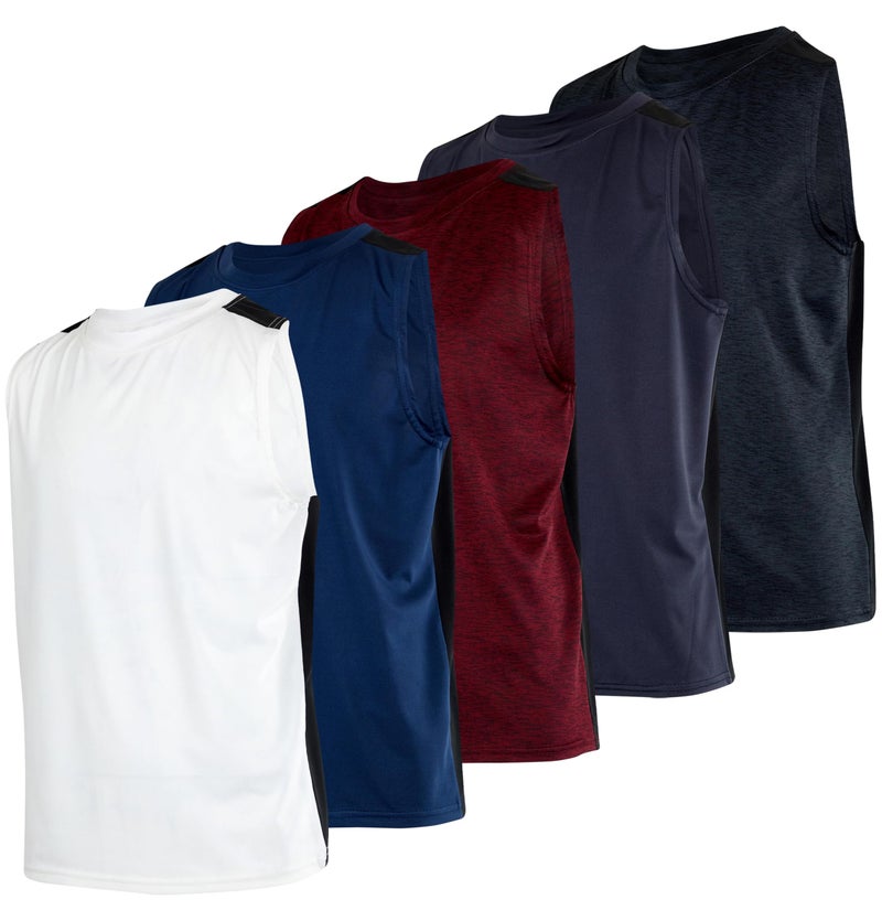 Real Essentials 5 Pack Boys Active Quick Dry Fit Tanks Tops Shirts Boy Tshirts Kids Muscle Tees Summer Sleeveless Sports Gym Workout Running Athletic Undershirt Breathable Hiking Set 3XL16