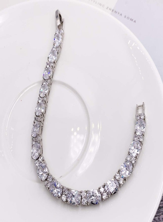 SELOVO Wedding Cubic Zirconia Bracelet Chain Link Silver Tone (White) - Image 3