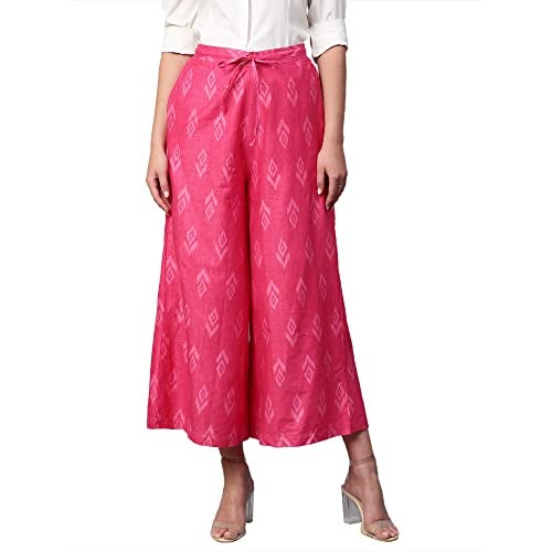 RATAN Women's Cotton Mid Rise Printed Loose Fit Flared Wide Leg Palazzo Pants (CFP-Rani Pink-X-Large) - Image 1