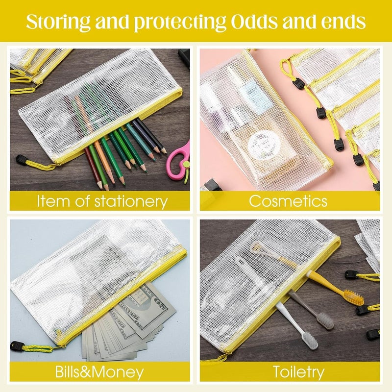 Handepo 100 Pack Mesh Zipper Pouch Pencil Pouches Bulk Clear File Bag Waterproof Document Pouches Multipurpose for Storage Office Travel Puzzle Game (A6/9.45x4.53in,White Pouch Yellow Zipper) - Image 4