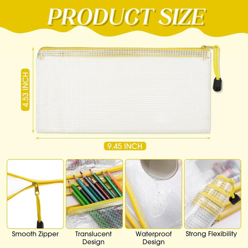 Handepo 100 Pack Mesh Zipper Pouch Pencil Pouches Bulk Clear File Bag Waterproof Document Pouches Multipurpose for Storage Office Travel Puzzle Game (A6/9.45x4.53in,White Pouch Yellow Zipper) - Image 2
