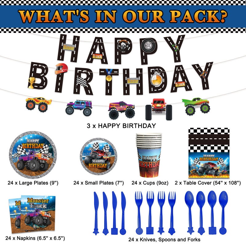 Sabary 173 Pcs Monster Truck Birthday Party Supplies Serves 24, Monster Truck Tablecloth Banner Plates Napkins Tableware Set for Themed Birthday Party Decorations - Image 2