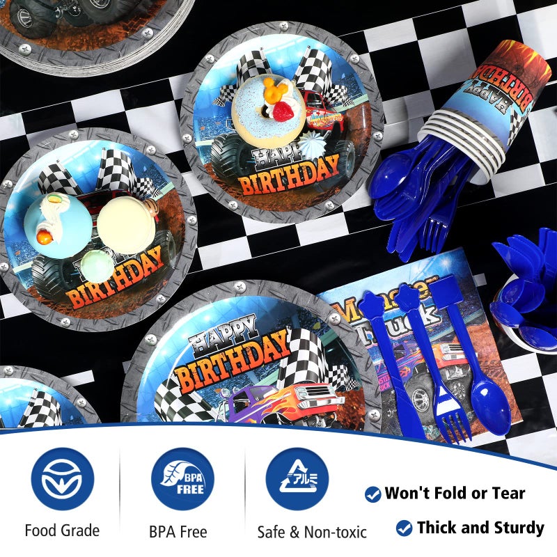 Sabary 173 Pcs Monster Truck Birthday Party Supplies Serves 24, Monster Truck Tablecloth Banner Plates Napkins Tableware Set for Themed Birthday Party Decorations - Image 4