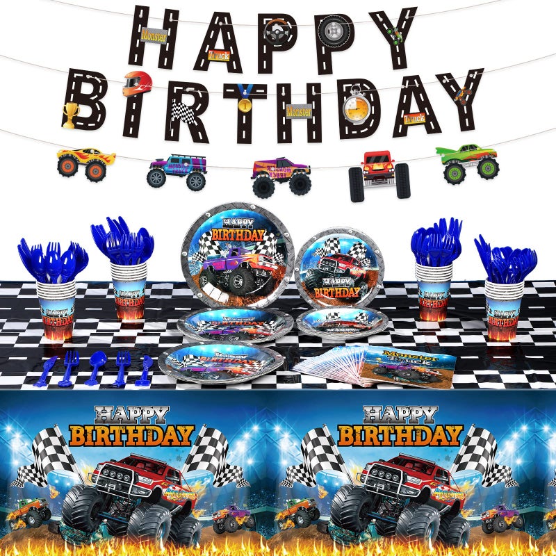 Sabary 173 Pcs Monster Truck Birthday Party Supplies Serves 24, Monster Truck Tablecloth Banner Plates Napkins Tableware Set for Themed Birthday Party Decorations - Image 1