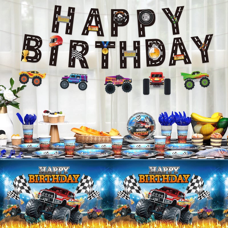 Sabary 173 Pcs Monster Truck Birthday Party Supplies Serves 24, Monster Truck Tablecloth Banner Plates Napkins Tableware Set for Themed Birthday Party Decorations - Image 5