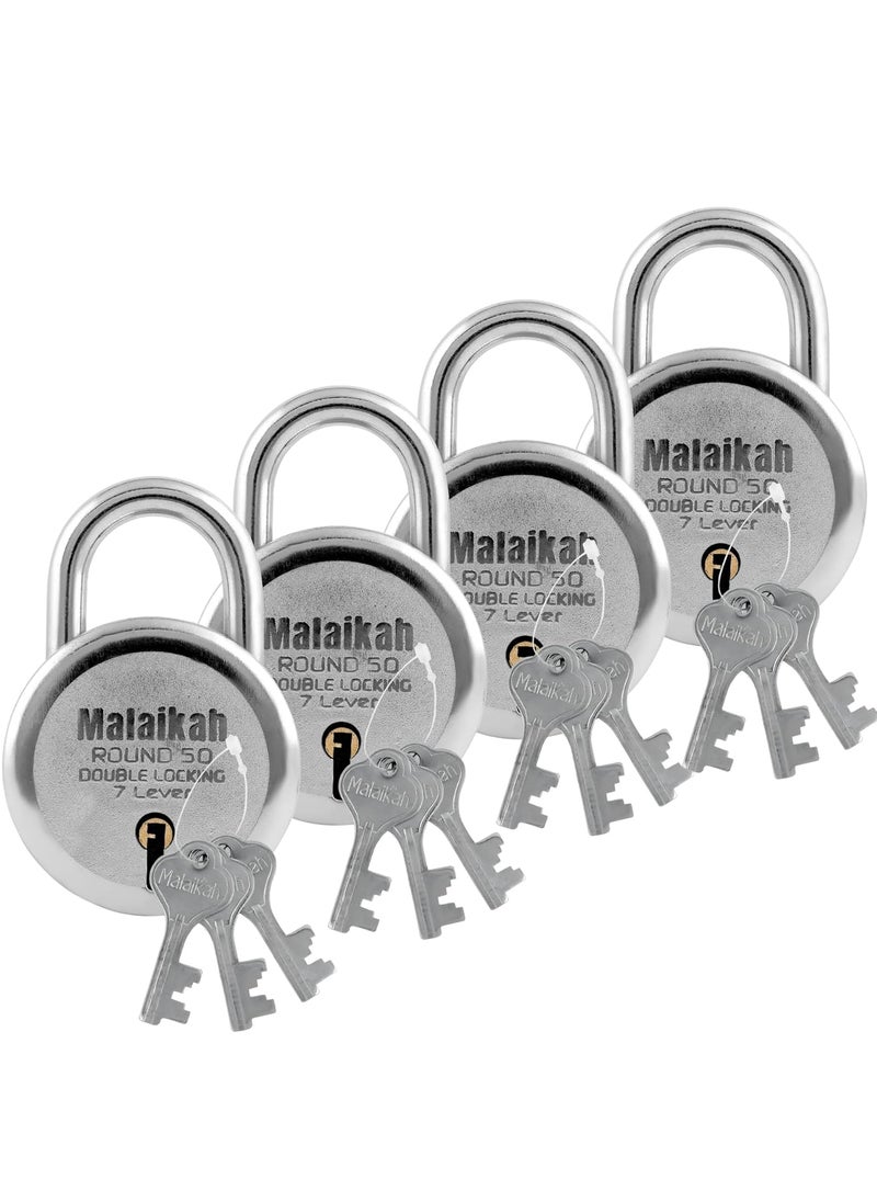 MALAIKAH - Malaikah Round 50 mm Padlock Double Locking 7 Lever with 3 Keys Ideal for Gate Shutter and Shop Ideal for Gate Shutter and Shop Made in Aligarh India Pack of 4 - Image 1