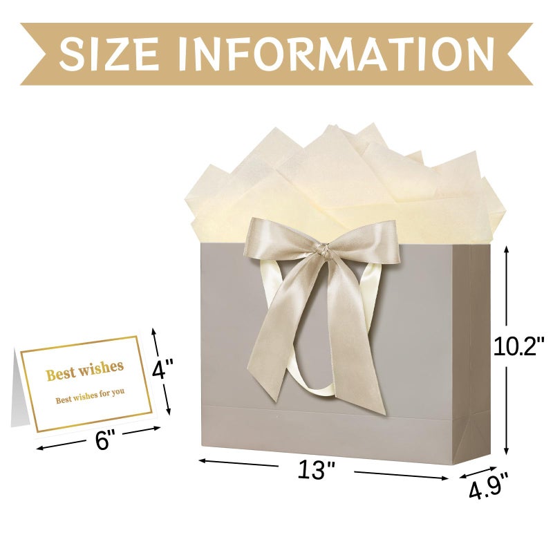 Laidans 13"" Gift Bag With Handles And Bow Ribbon  Large Gift Bag With 3 Tissue Paper And 1 Card For Birthdays  Baby Showers  Wedding  Bridal Showers  Mother'S Day (Champagne) - Image 2