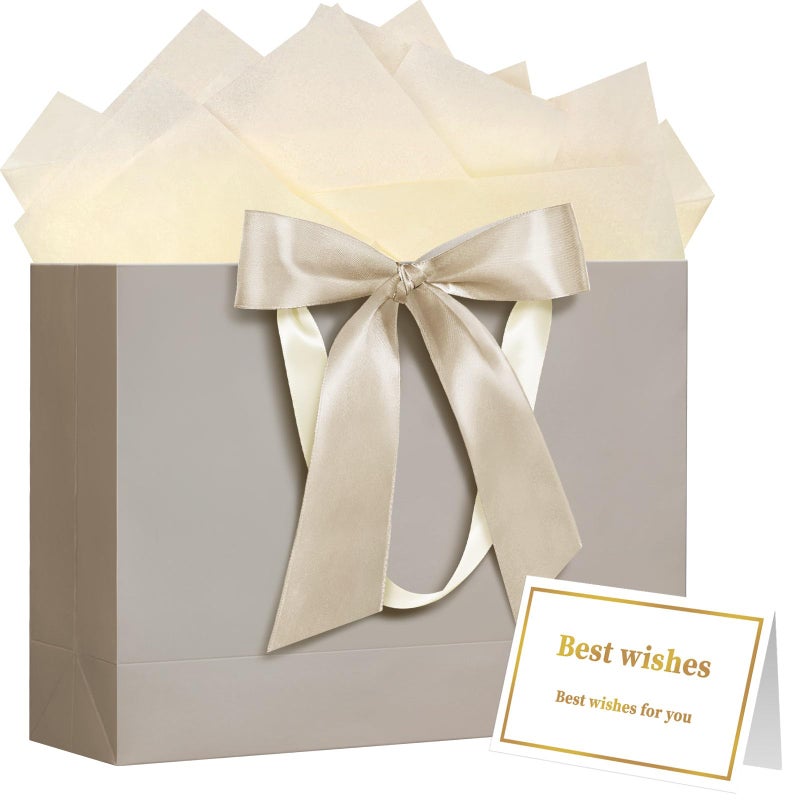 Laidans 13"" Gift Bag With Handles And Bow Ribbon  Large Gift Bag With 3 Tissue Paper And 1 Card For Birthdays  Baby Showers  Wedding  Bridal Showers  Mother'S Day (Champagne) - Image 1